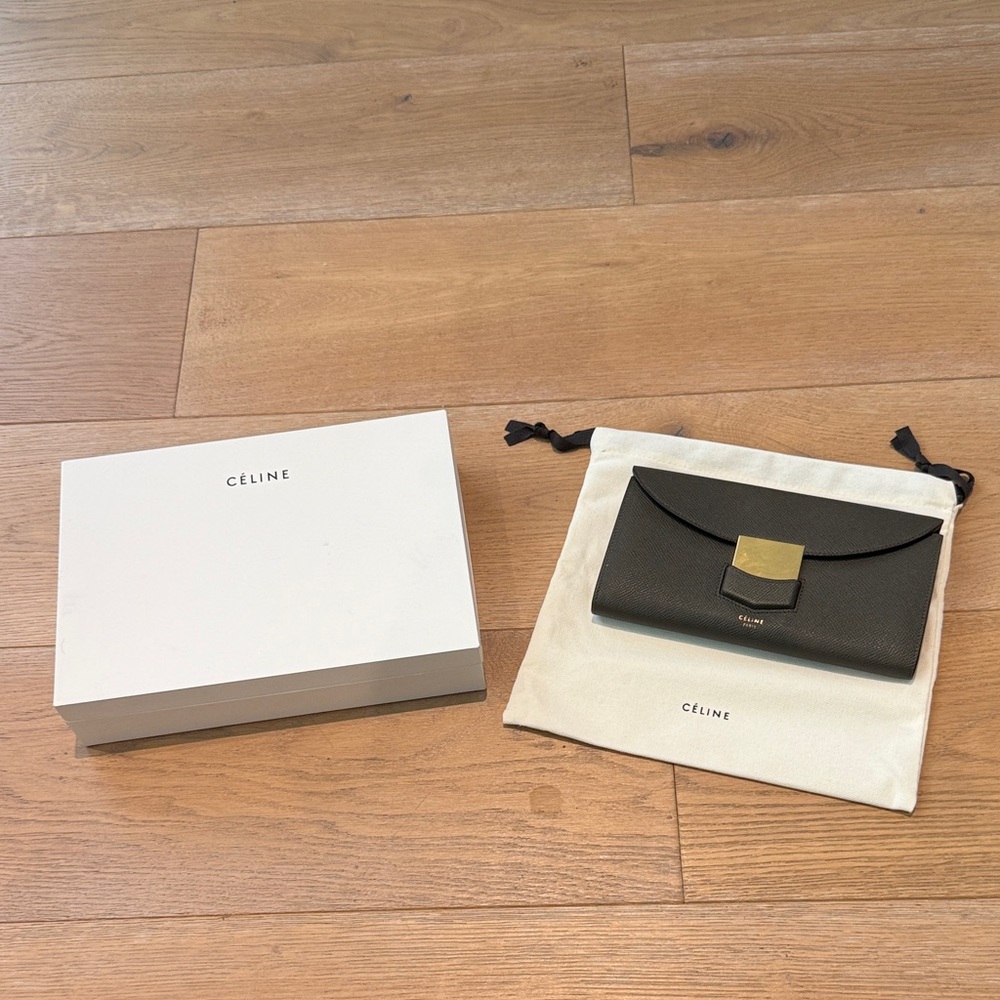 Celine Graphite/Dark Taupe Leather Wallet with Gold Accent